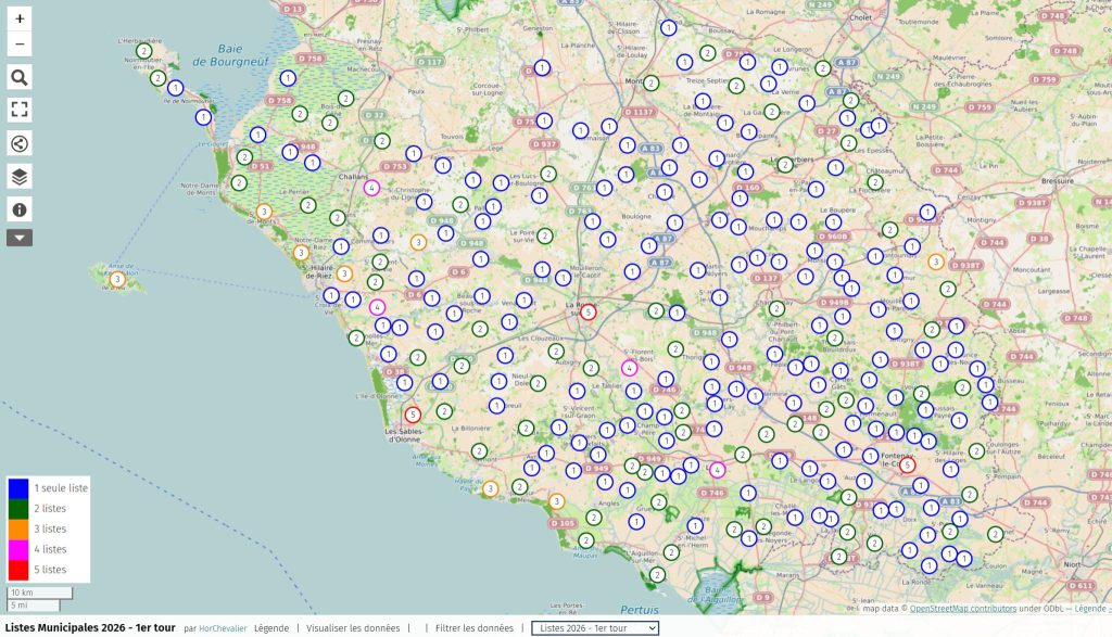 carte de la Vendée avec le nombre de listes par commune pour les élections municipales de 2026